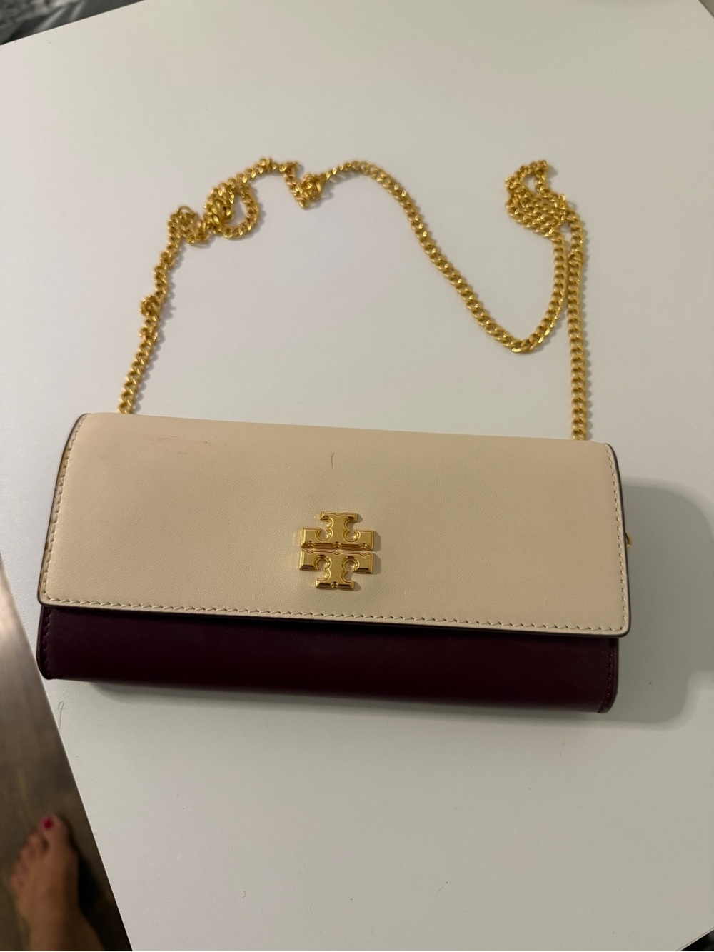 Tory Burch Two-Tone Leather Chain Crossbody — Cream and Burgundy